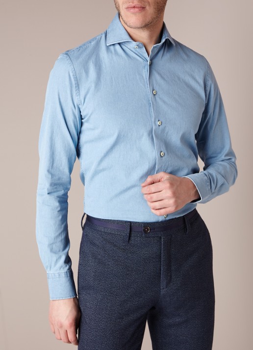 Profuomo Slim fit overhemd met denim look - detail 4 indigo