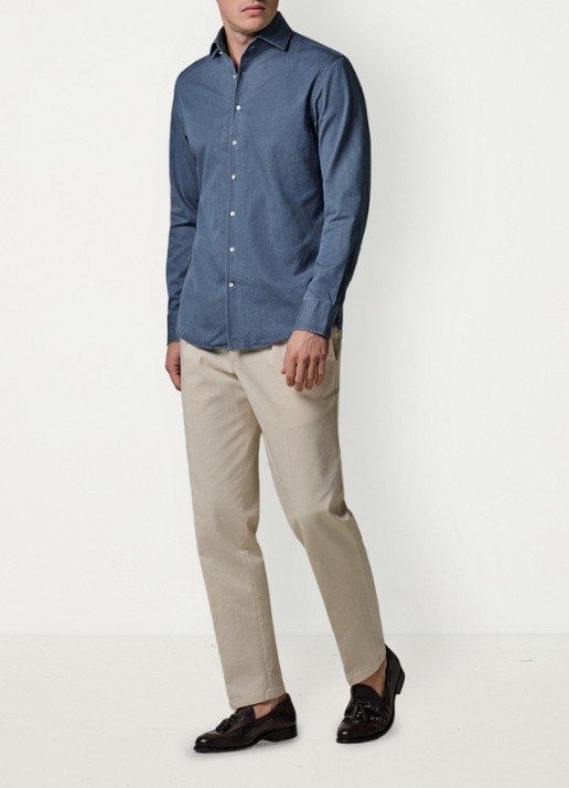 Profuomo Slim fit overhemd van denim - voorkant 2 indigo