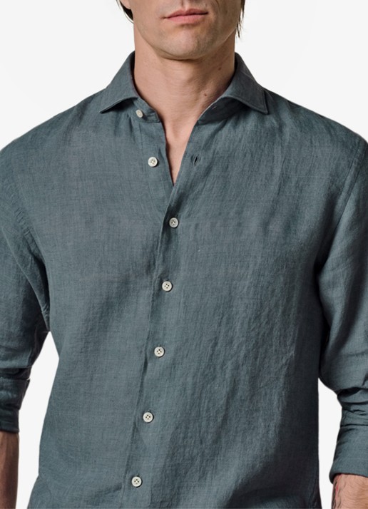 Profuomo Slim fit overhemd van linnen - detail 4 blauwgrijs