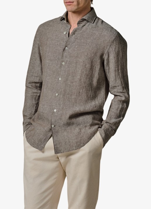 Profuomo Slim fit overhemd van linnen - detail 4 bruin