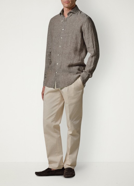 Profuomo Slim fit overhemd van linnen - voorkant 3 bruin