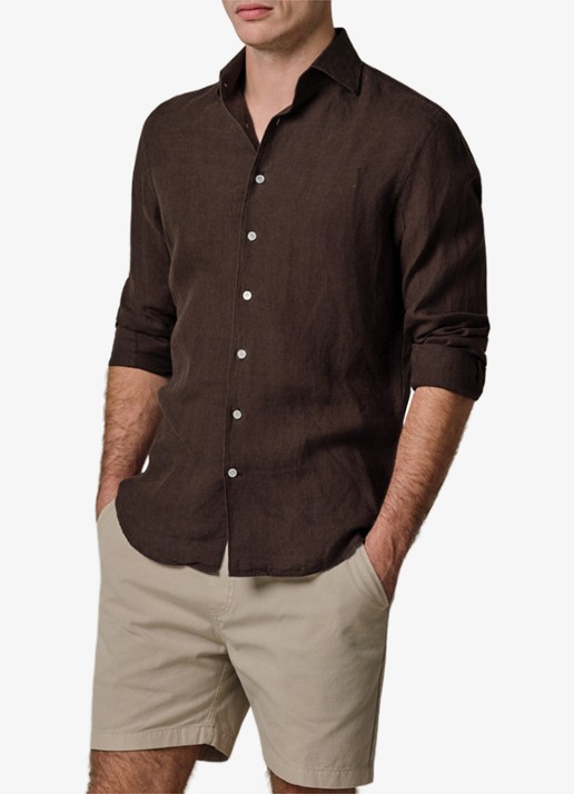 Profuomo Slim fit overhemd van linnen - detail bruin