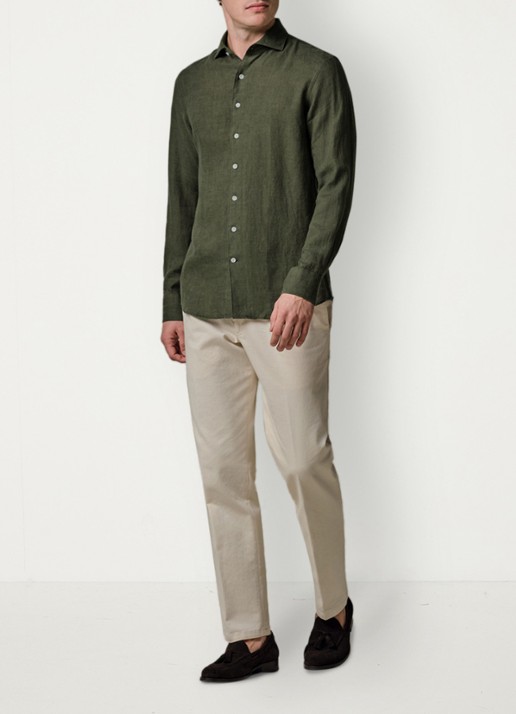 Profuomo Slim fit overhemd van linnen - voorkant 3 groen