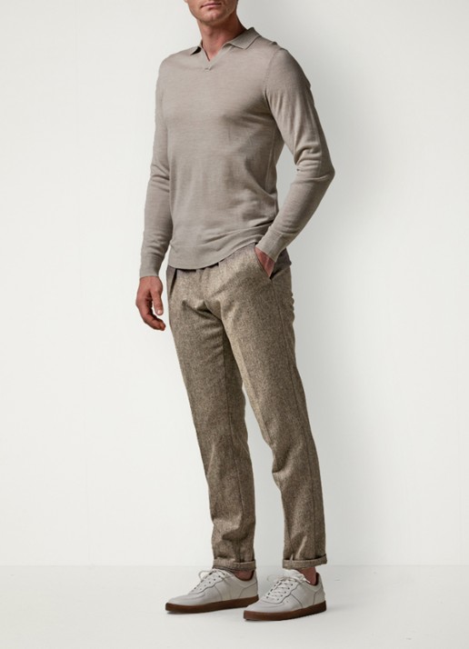 Profuomo Slim fit pantalon in wolblend met steekzakken - voorkant 2 donkerbeige