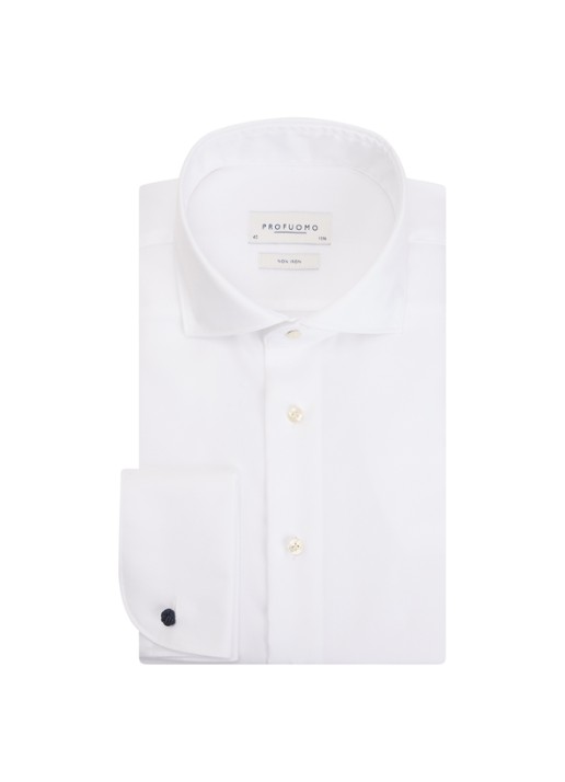 Profuomo Slim fit strijkvrij overhemd met dubbele manchet - voorkant wit