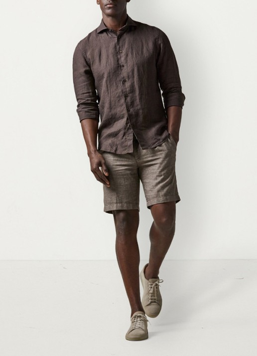 Profuomo Straight fit korte broek in linnenblend - voorkant 2 bruin
