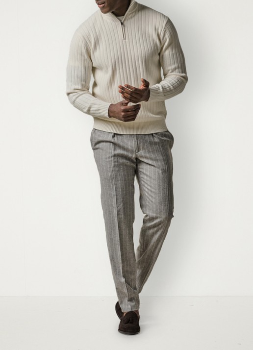 Profuomo Straight fit pantalon in scheerwolblend met streepprint - voorkant 5 grijsmele