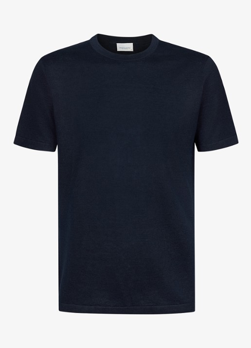 Profuomo T-shirt in linnenblend met ronde hals - voorkant blauw