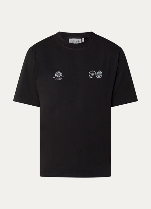 Purple Mountain Observatory Globe T-shirt met logo- en backprint - voorkant 2 zwart