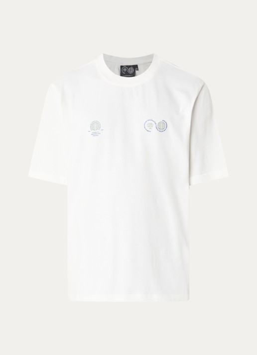 Purple Mountain Observatory Globe T-shirt met logo- en backprint - voorkant 3 wit