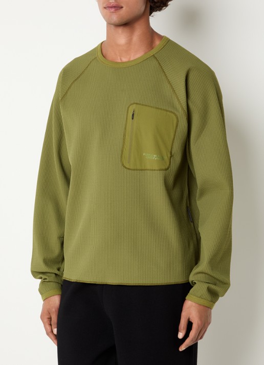 Purple Mountain Observatory Waffle longsleeve met structuur en ritszak - detail olijfgroen