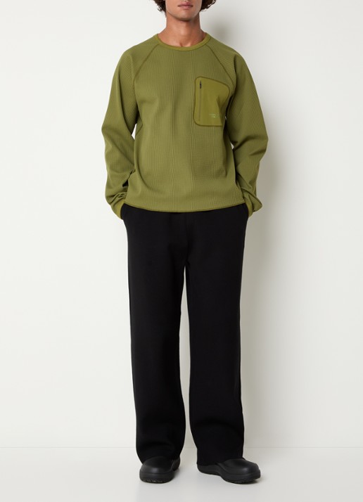 Purple Mountain Observatory Waffle longsleeve met structuur en ritszak - voorkant 4 olijfgroen