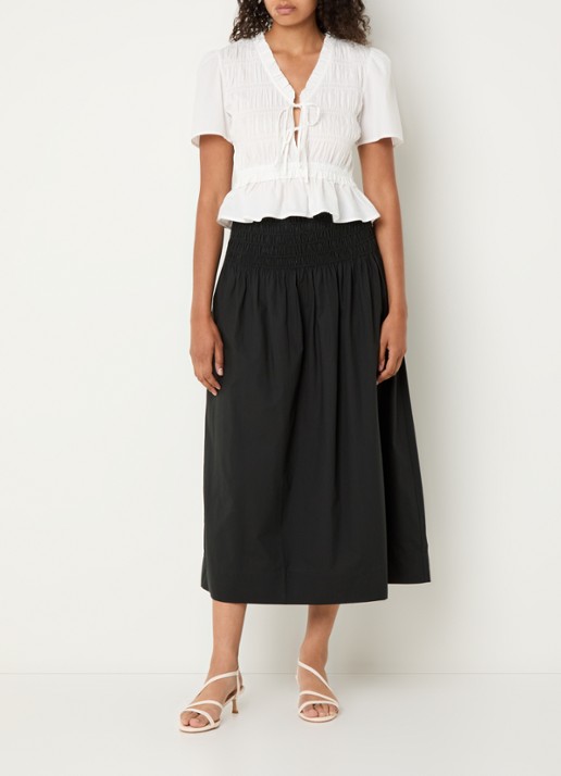 Rails Alessa midi rok in linnenblend met smockwerk - voorkant 2 zwart
