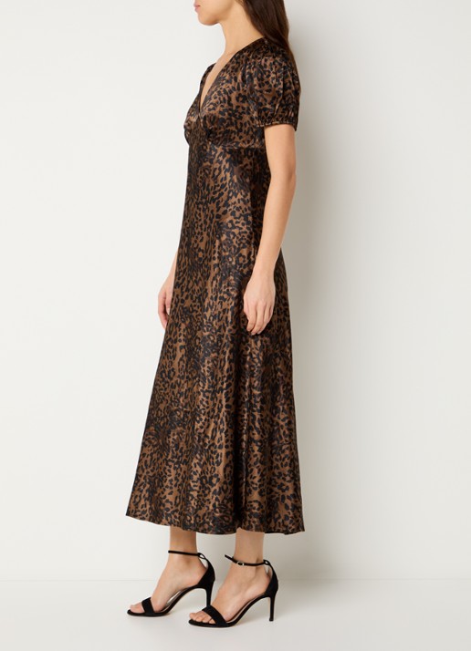 Rails Junia midi jurk van satijn met panterprint - voorkant 3 bruin
