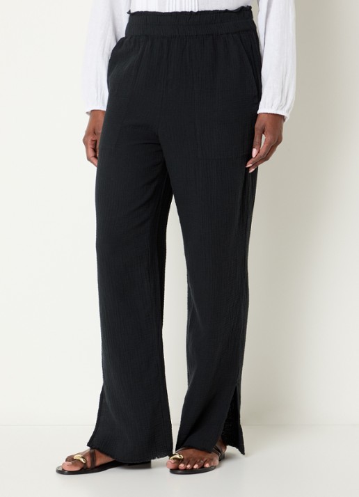 Rails Leon mid waist straight fit broek van  katoen met structuur - detail zwart