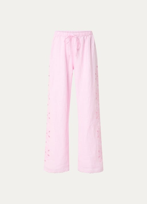 Rails Mirina mid waist loose fit broek van linnen met broderie - voorkant 2 lichtroze