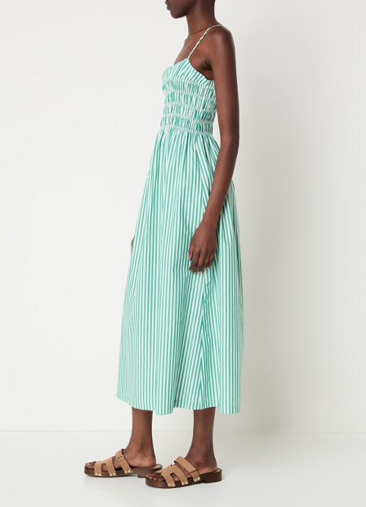 Rails Primrose midi A-lijn jurk met smockwerk en streeprint - voorkant 3 donkergroen