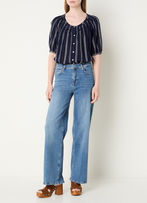 Rails Rix blouse in linnenblend met streepprint - voorkant 2 donkerblauw