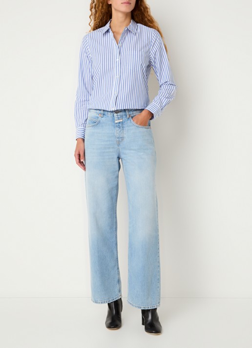 Rails Stina blouse met streepprint en borstzak - voorkant 2 staalblauw