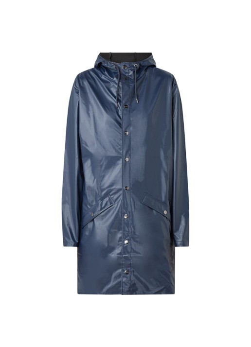 Rains Long Jacket regenjas met capuchon - voorkant donkerblauw