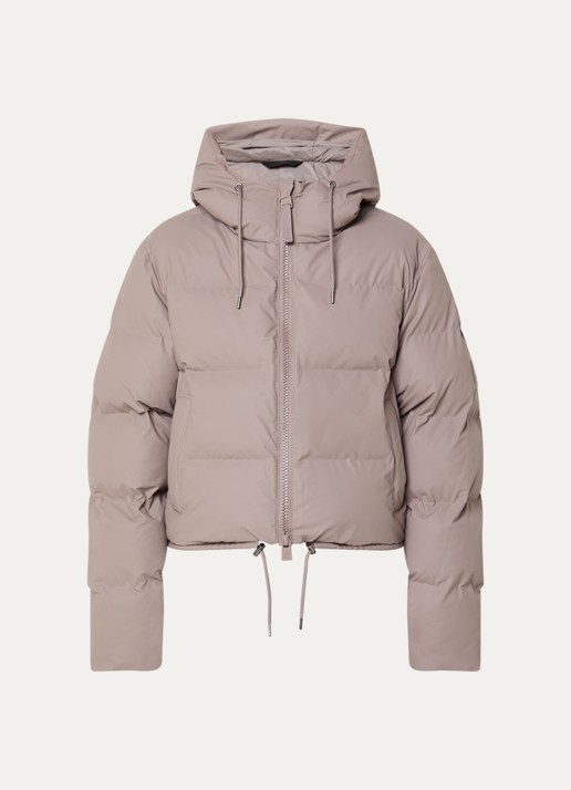 Rains Puffer jack met capuchon en logo - voorkant 2 donkerbeige