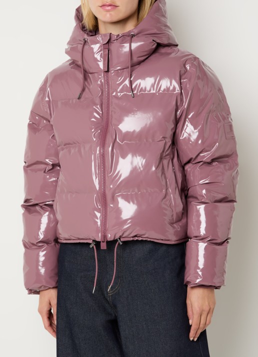 Rains Puffer jack met capuchon en logo - detail oudroze