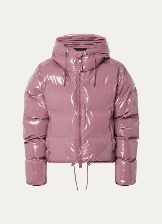 Rains Puffer jack met capuchon en logo - voorkant 2 oudroze