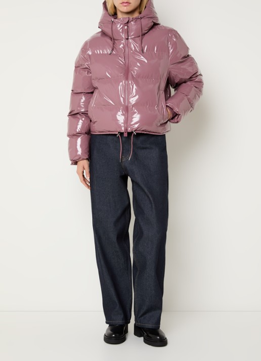 Rains Puffer jack met capuchon en logo - voorkant 3 oudroze