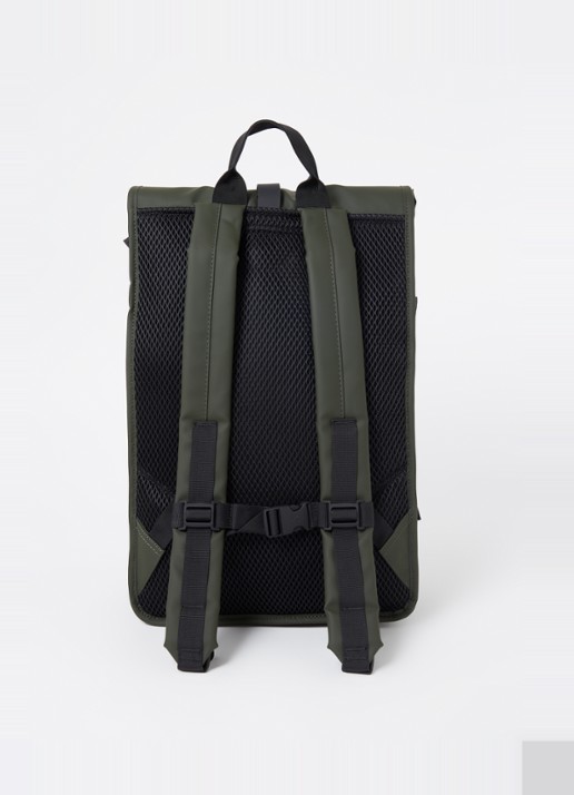 Rains Rolltop Large rugzak met 16 inch laptopvak en waterafstotende coating - achterkant 2 bronsgroen