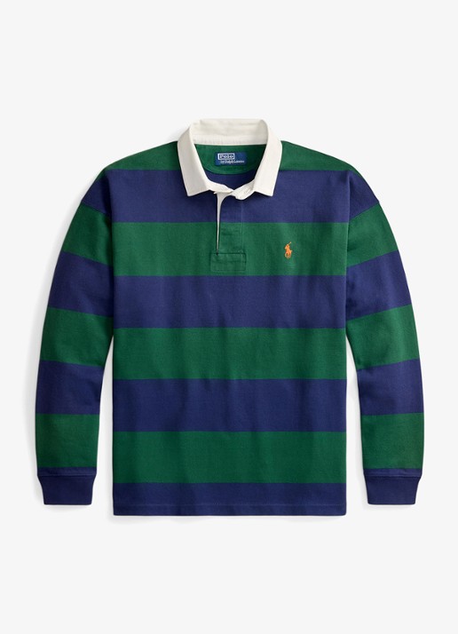 Ralph Lauren Big fit rugbyshirt van jersey met polokraag - voorkant 2 prk green/drk cblt / groen