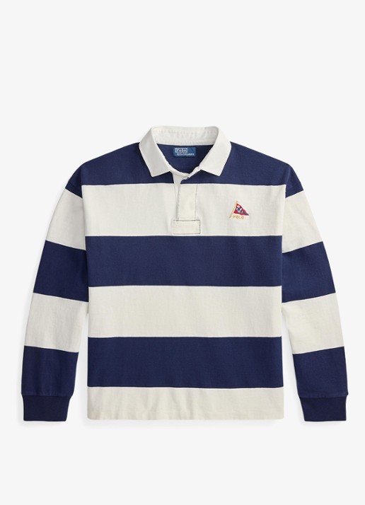 Ralph Lauren Big fit sweater met streepprint en kraag - voorkant 2 newport navy/deckwash white / donkerblauw