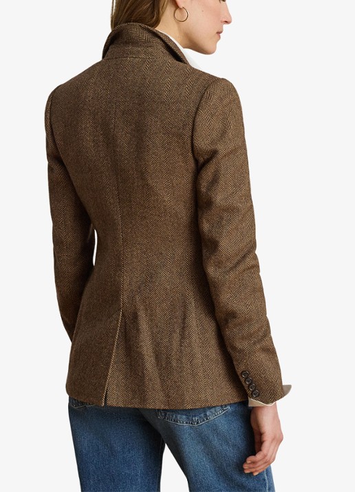 Ralph Lauren Blazer in wolblend met visgraat dessin en klepzakken - achterkant 3 brown/tan multi / bruin