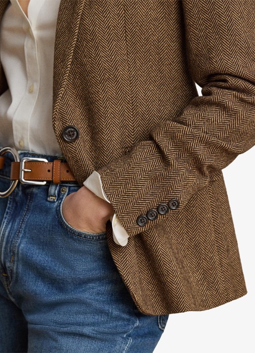 Ralph Lauren Blazer in wolblend met visgraat dessin en klepzakken - detail 5 brown/tan multi / bruin