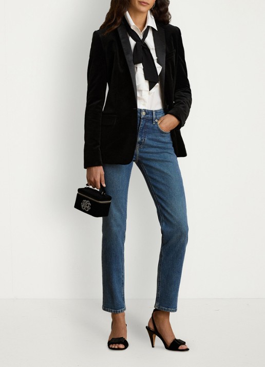 Ralph Lauren Blazer van fluweel met klepzakken - voorkant 2 black velvet / zwart