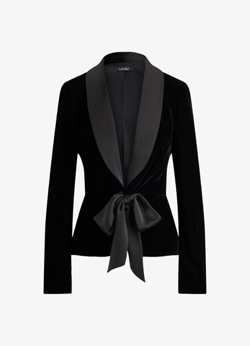 Ralph Lauren Blazer van fluweel met strikdetail - voorkant 4 black velvet / zwart