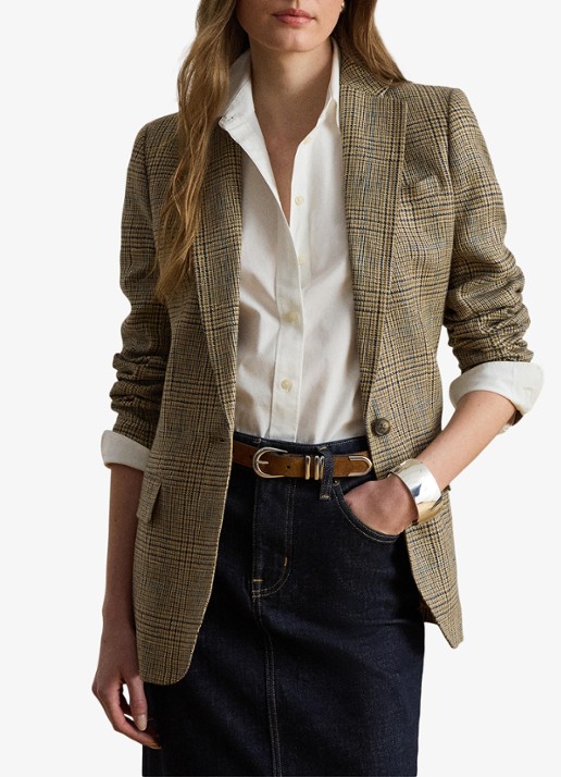 Ralph Lauren Blazer van linnen met pied-de-poule dessin en klepzakken - detail tan/blackmulti / beige