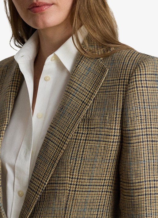 Ralph Lauren Blazer van linnen met pied-de-poule dessin en klepzakken - detail 2 tan/blackmulti / beige