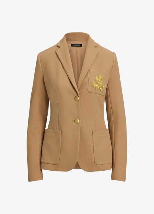 Ralph Lauren Blazer van piqué katoen met metallic logoborduring - voorkant camel
