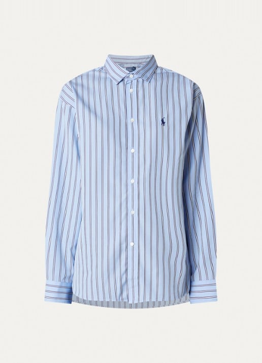 Ralph Lauren Blouse met logo en streepprint - voorkant staalblauw