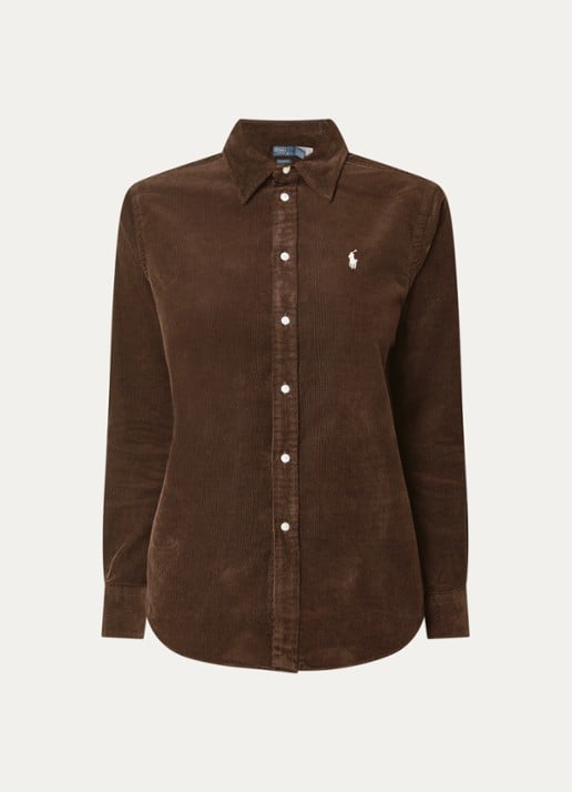 Ralph Lauren Blouse van corduroy met logoborduring - voorkant 3 donkerbruin