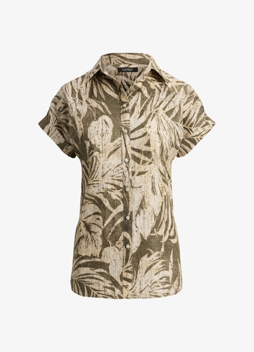 Ralph Lauren Blouse van linnen met bladprint - voorkant 2 olive grove / groen
