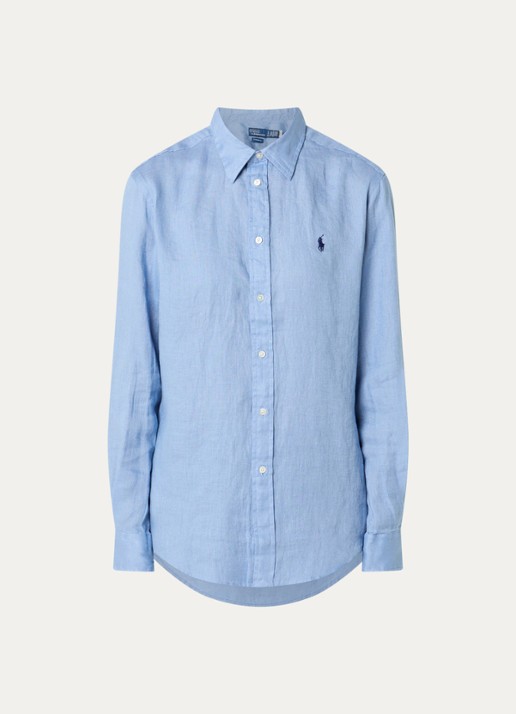 Ralph Lauren Blouse van linnen met logoborduring - voorkant lichtblauw