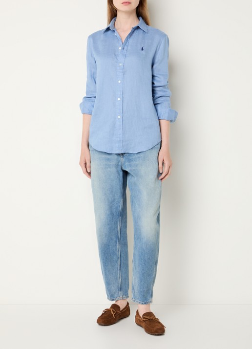 Ralph Lauren Blouse van linnen met logoborduring - voorkant 2 lichtblauw