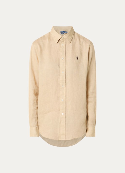 Ralph Lauren Blouse van linnen met logoborduring - voorkant 2 zand