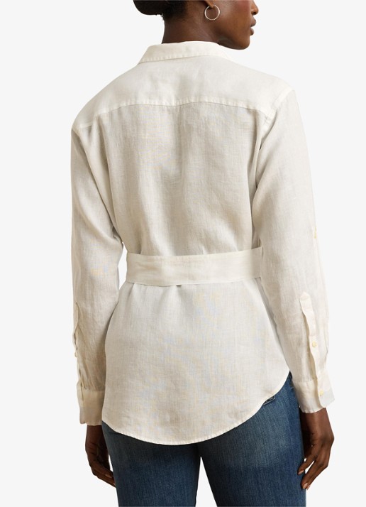 Ralph Lauren Blouse van linnen met strikceintuur - achterkant 5 white / wit