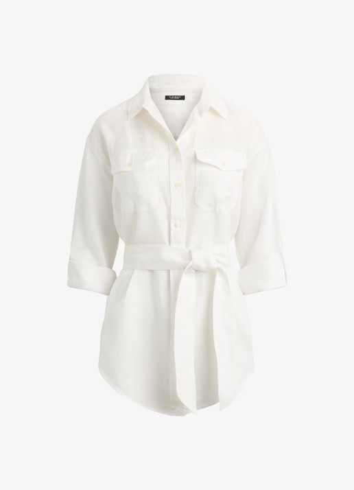 Ralph Lauren Blouse van linnen met strikceintuur - voorkant 3 white / wit