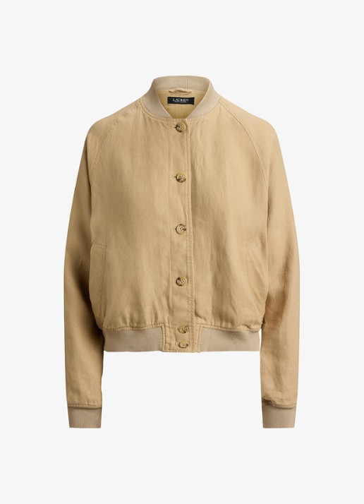 Ralph Lauren Bomberjack van linnen met steekzakken - voorkant 2 birch tan / beige