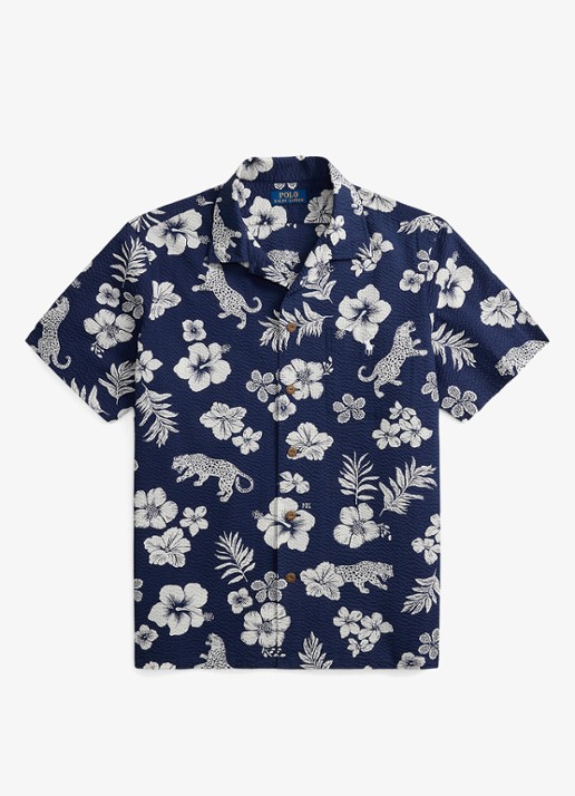 Ralph Lauren Classic fit overhemd met bloemenprint en structuur - voorkant jaguar tropical / donkerblauw