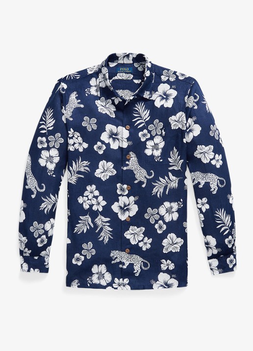 Ralph Lauren Classic fit overhemd van linnen met bloemenprint - voorkant 7163 jaguar tropical / donkerblauw