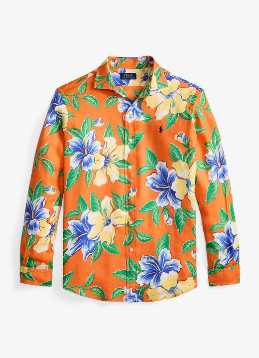 Ralph Lauren Classic fit overhemd van linnen met bloemenprint - voorkant orange iconic hibiscus / oranje